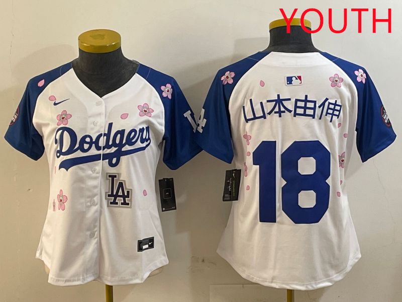 Youth Los Angeles Dodgers #18 Yamamoto White Blue Sakura Edition 2025 Nike MLB Jersey style 18->youth mlb jersey->Youth Jersey